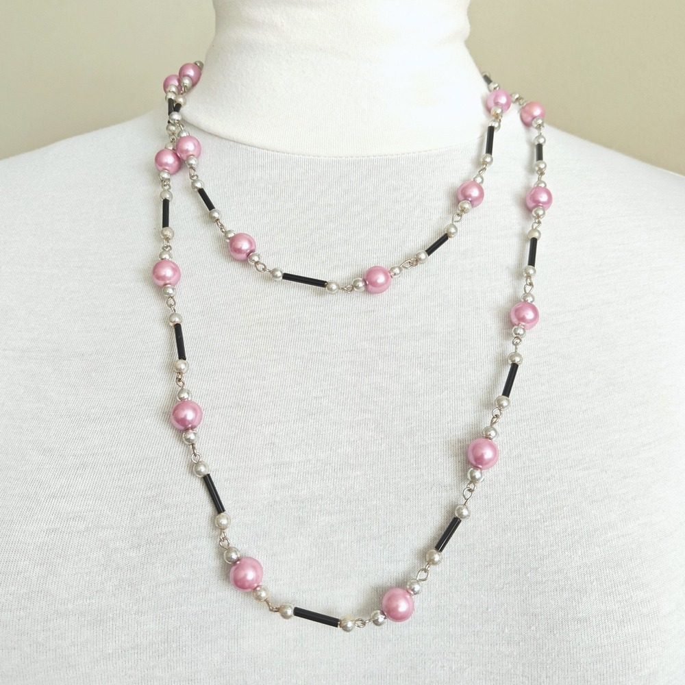 Vintage Pink Silver Faux Pearl Black Glass Bugle Bead Long Layering Necklace
